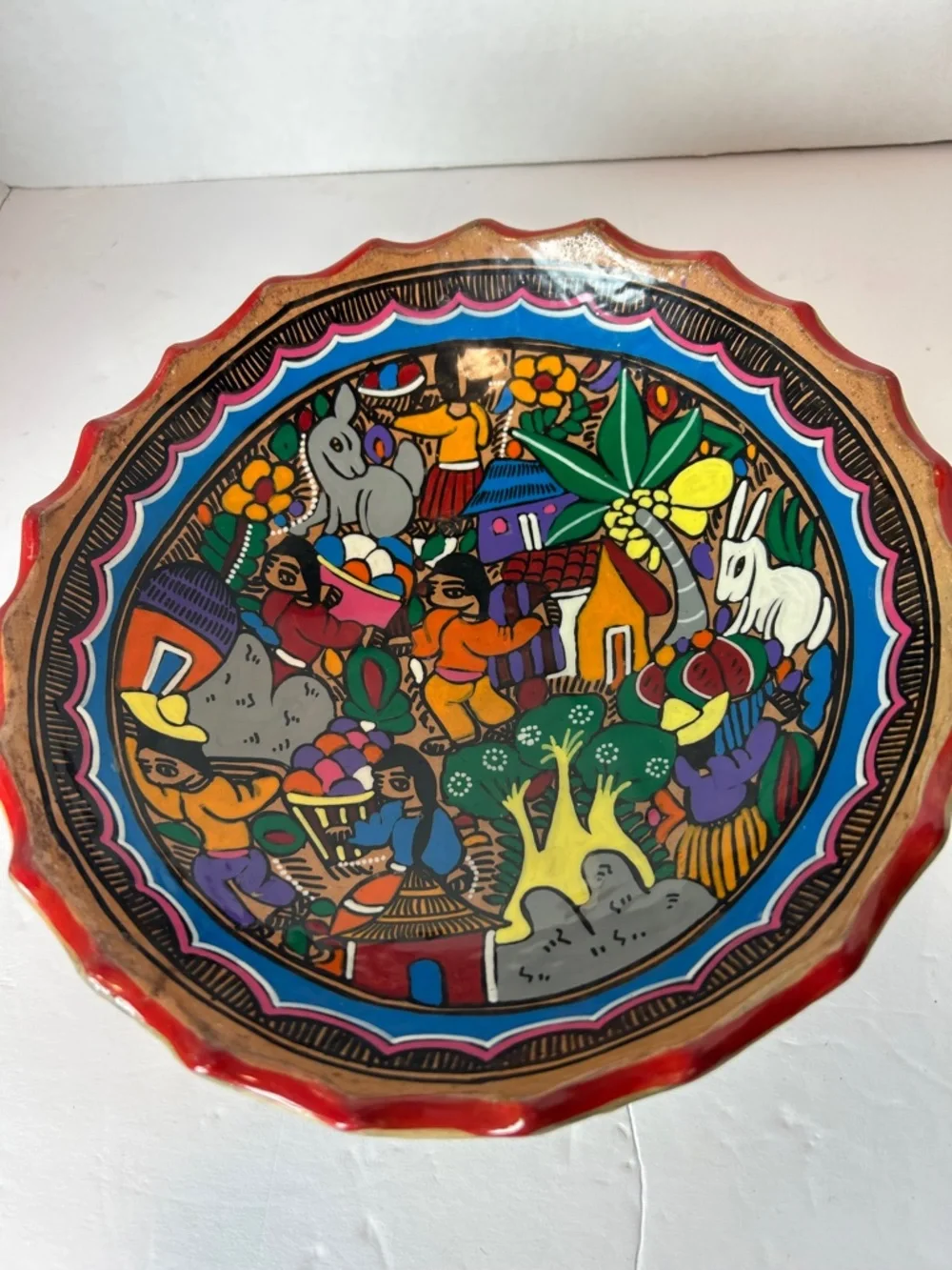 Vtg Mexican Folk Art Pottery Story Bowl Village Harvest Scene Colorful